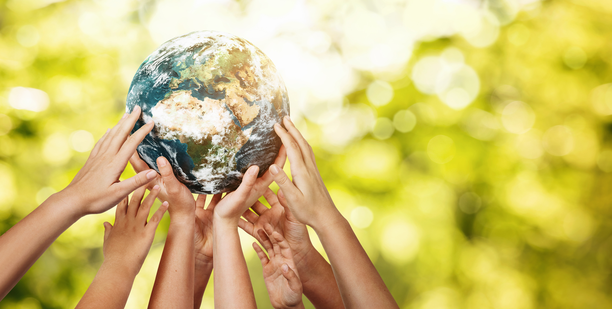 Group of children holding planet earth over defocused nature background Group of children holding planet earth over defocused nature background